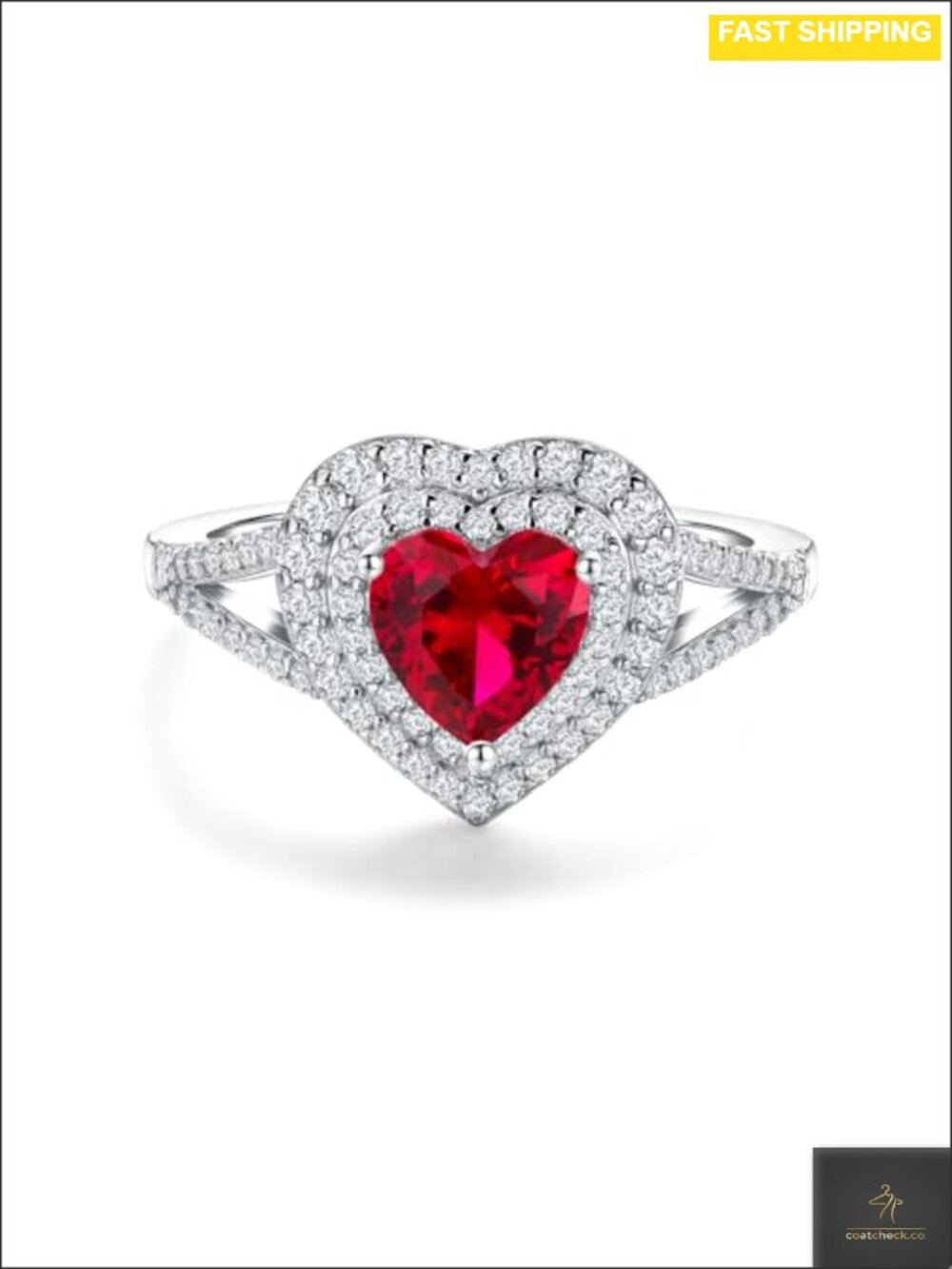 925 Sterling Silver Ruby Heart Engagement Ring 18k White Gold Plated